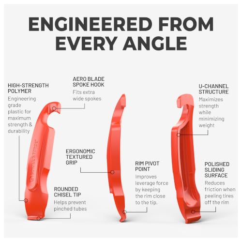 Bike Tire Levers Set - Easy Removal Tool for Road & MTB - 4 Pack (Lava Red)