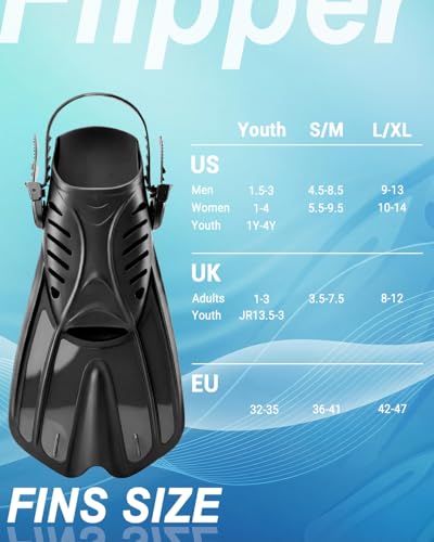 Adjustable Diving Fins for Adults - Open Heel Swim Flippers - Black L/XL