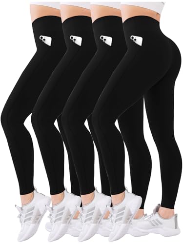 Diravo 4 Pack Leggings for Women with Pockets - High Waisted Yoga Pants (Large-X-Large, Black, 4 Pack)