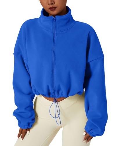 QINSEN Women's Full Zip Fleece Short Jacket - Warm Winter Sherpa Crop Coat, Medium/Klein Blue