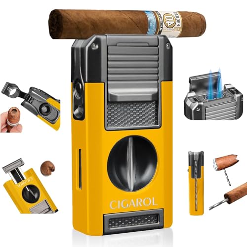 Cigarol 5-in-1 Torch Lighter with V-Cutter, Punch & Windproof Jet Flame (Yellow/Shabby Chic)