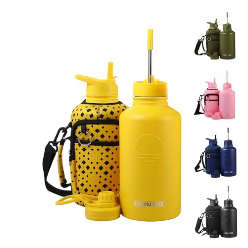 FAHRMOSIS 64 Oz Insulated Water Bottle with Sleeve and 3 Lids - Yellow