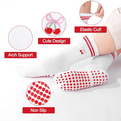Non-Slip Pilates Yoga Socks for Women with Grips - Red Cherry