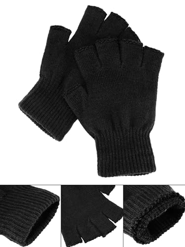 Winter Half Finger Gloves - Unisex Knitted Fingerless Mittens - Matte Black