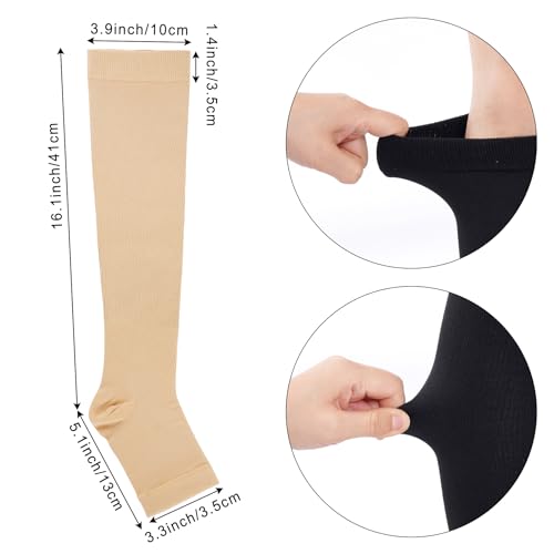 Compression Knee High Open Toe Support Socks - 3 Pairs, Large, Nude/Black
