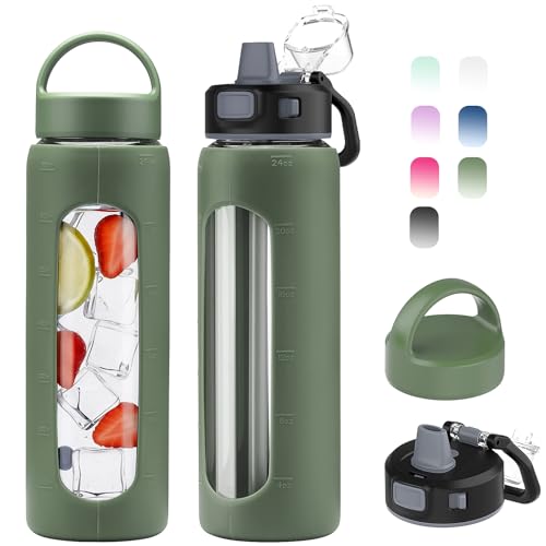 Kodrine Olive 24oz Glass Water Bottle with 2 Lids - Sip & Handle Lids