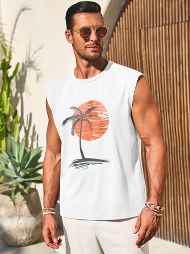 Runcati Men's White XL Hawaiian Beach Tank Top - Summer Graphic Sleeveless Shirt