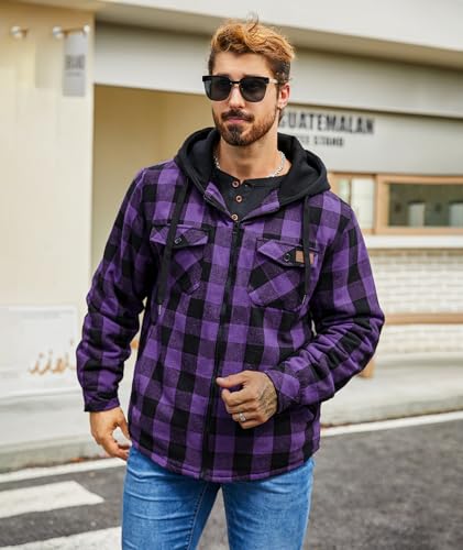 Dekomere Mens Flannel Shirt Jacket Sherpa Lined Plaid Hoodie X-Large Dark Purple
