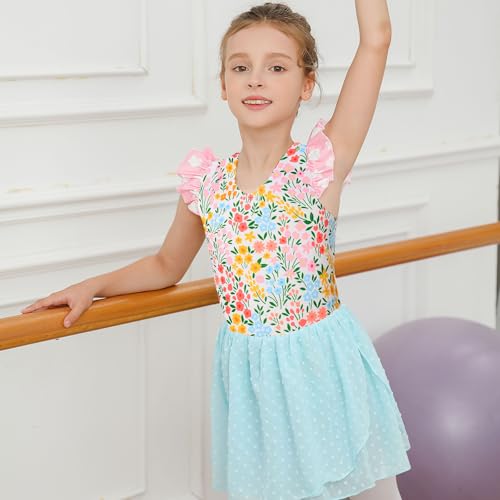 Ballet Leotard for Girls - Ruffle Sleeve Tutu Dress 5T Flower Blue