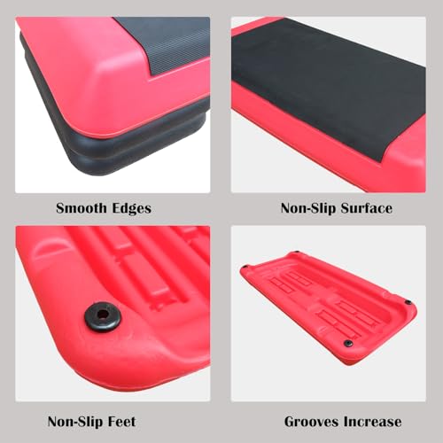 Athfiner Red Adjustable Aerobic Step Platform with 4 Risers for Home Gym Cardio