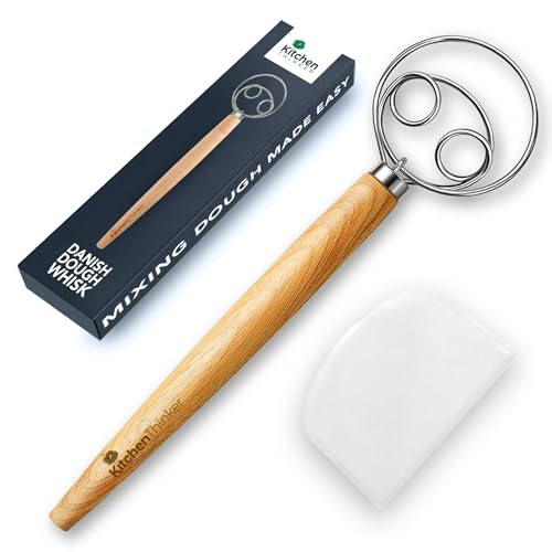 Danish Dough Whisk with Dough Scraper - 13 Inch Stainless Steel Tool