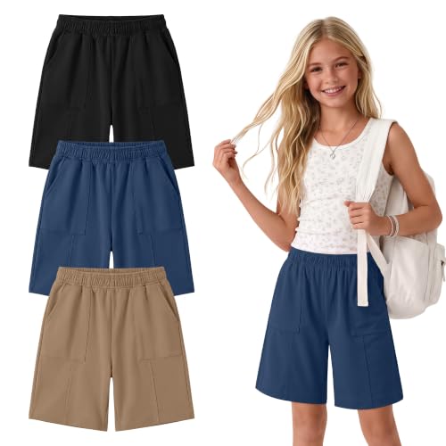 Girls Bermuda Long Shorts - 3 Pack, Dusty Blue+Khaki+Black, Ages 5-14