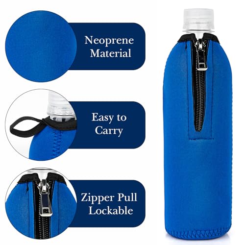 Insulated Water Bottle Sleeve for 16.9/20 Fl Oz Bottles - Neoprene Cover with Lockable Zipper, Blue