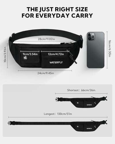 WATERFLY Black Small Crossbody Fanny Pack Slim Waist Bag Chest Pouch