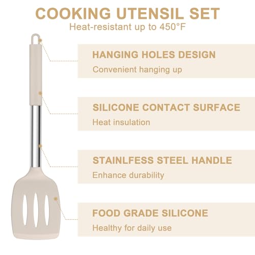 E-far 7-Piece Silicone Cooking Utensil Set Khaki Food-Grade Heat-Resistant Kitchen Tools