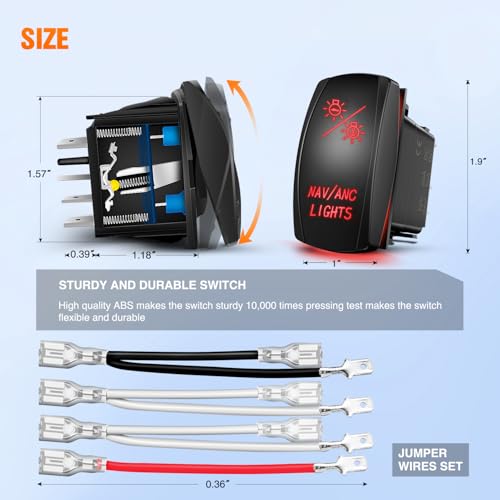 Nilight Red NAV/ANC 7Pin Rocker Switch with Jumper Wires - Marine & Automotive Use