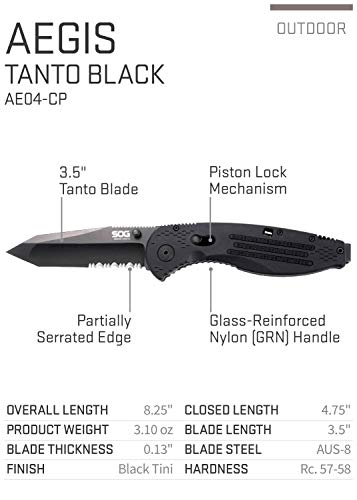 SOG Aegis Black TiNi Tanto Folding Pocket Knife 3.5in Assisted Open