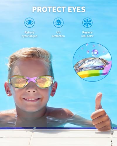 Hurdilen Mirrored Rainbow Kids Swimming Goggles with Nose Clip & Earplugs - Age 3-15