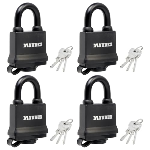 Maudex¢ç IP450 Heavy Duty Padlocks 4-Pack with 12 Same Keys - Weatherproof Outdoor Locks with Hardened Steel Shackle, Waterproof Protection for Gates, Sheds, Fences, Storage Units