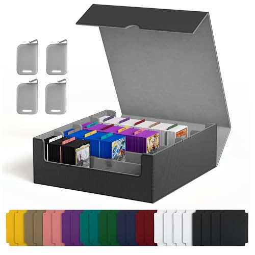 UAONO 3200+ Card Storage Box – 4-Row Leather Deck Case with 24 Dividers (Black & Grey)