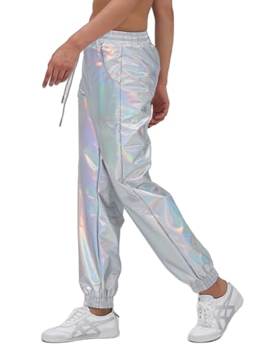 ABEHIK Large Silver Women's Wide Leg Metallic Sparkle Cargo Pants High Waist Joggers