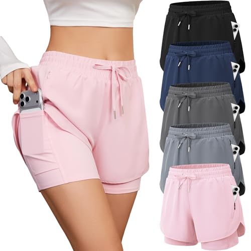 CE' CERDR Women's 2-in-1 High Waisted Running Shorts – Large, 5a-Black / Navy / Dark Grey / Light Grey / Pink