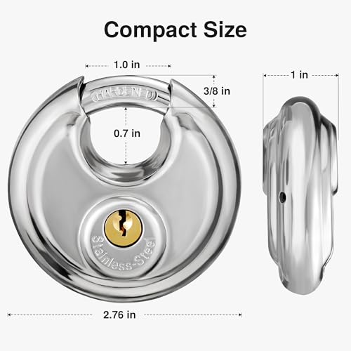 Puroma Keyed Padlock, Stainless Steel Discus Locker Lock Heavy Duty Locks with 12 Keys, Waterproof Outdoors Gate Storage Unit Lock with 3/8 Inch Shackle for Warehouse, Gym Storage Locker (4 Pack)