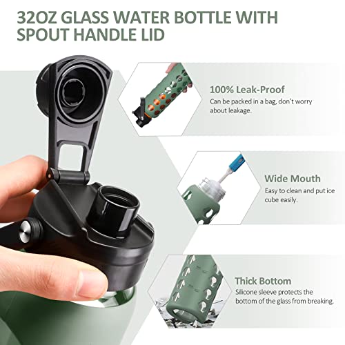 MUKOKO 24oz Glass Water Bottle with Olive Silicone Sleeve & Dual Lids