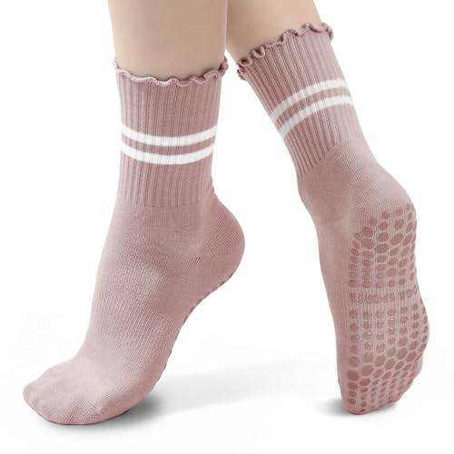 Pilates Crew Socks with Grips for Women - Light Blue, Mint Green & Pink