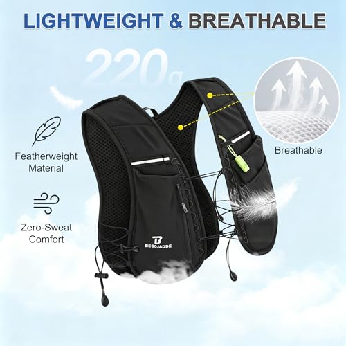 5L Running Vest with Hydration Pack – BECOJADDE Black, 5L Version (Vest Only / 1.5L bladder / 2x500ml bottles)