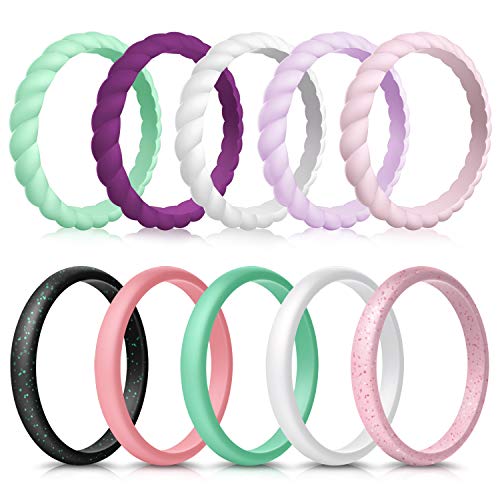 10-Pack Silicone Wedding Ring Set for Women - Braided & Thin Lavender/Pink