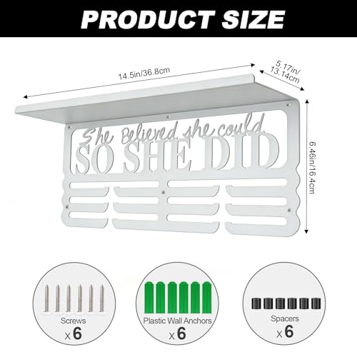 Wall-Mounted Medal Holder - Holds Up to 50 Medals - She Believed with Shelf - White