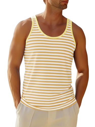 Men's Casual Striped Workout Tank Top - Large Yellow