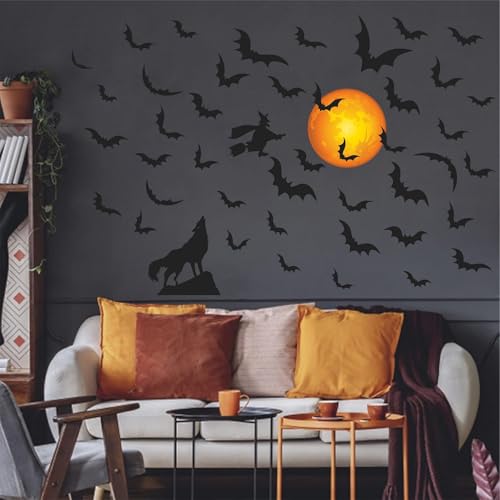 Halloween Moon Wall Decals Witch Bats Decal Removable Peel and Stick Wolf Wall Decals Halloween Party Supplies Decorations
