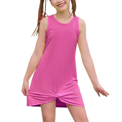 Girls Sleeveless Swim Cover Up Dress with Pockets - Rose Red, 6-7 Years