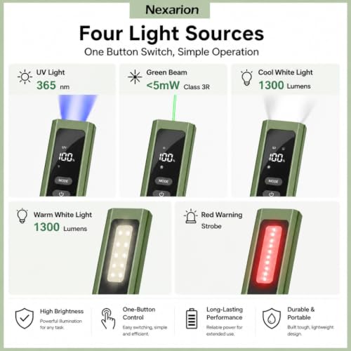 Nexarion Green Laser Pointer EDC Flashlight with UV & Red Light, 1300 Lumens