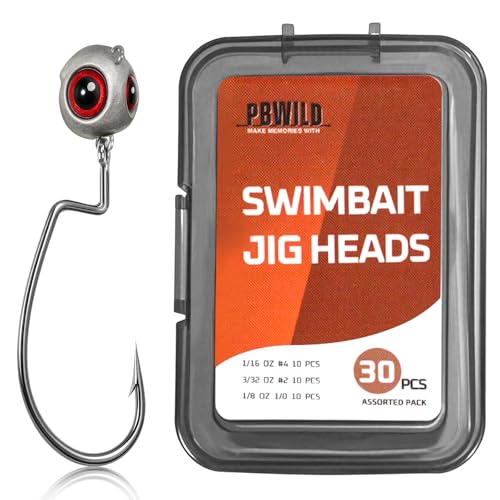 PBWILD 30/10Pcs Swimbait Jig Heads Assorted Sizes for Bass & Walleye - Texas Rig Compatible