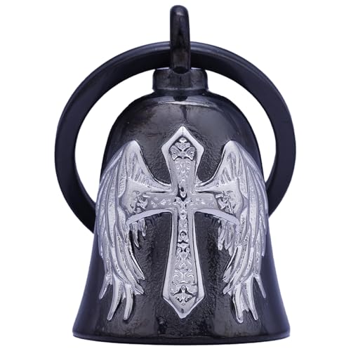 TEWAFOS Winged Cross Black Silver Motorcycle Bell Stainless Steel Good Luck & Safety