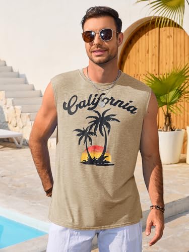 Casual Men's Tank Top - Palm Tree Graphic Print - Apricot, Medium