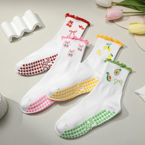 Non-Slip Pilates Grippy Socks for Women - Ruffle Design, 4 Pairs - Red Pink Yellow Green