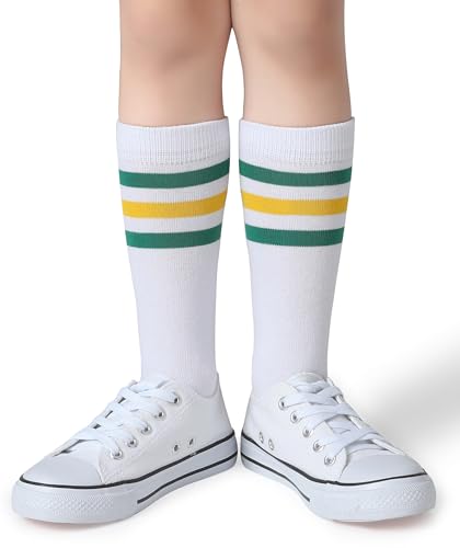 Boys Girls Over the Calf Striped Tube Socks - Green/Yellow/White, Age 4-6