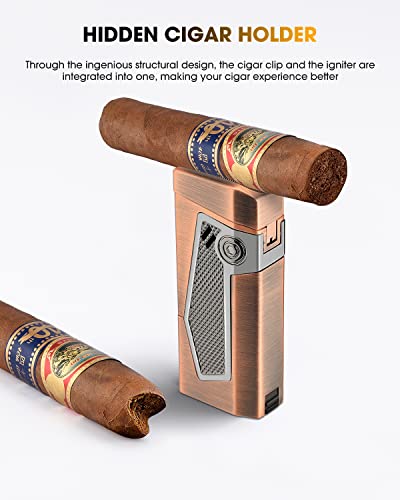 FANKAI Bronze 4 Jet Torch Flame Cigar Lighter with Punch & Holder, Windproof Refillable