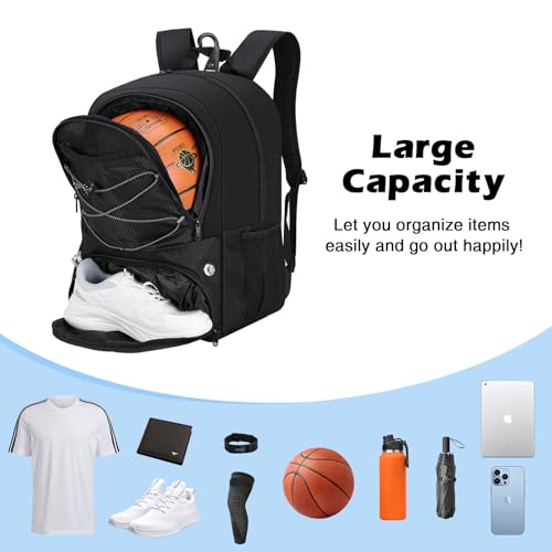 MoKo Basketball Bag Backpack with Ventilated Shoes & Ball Compartments - Black