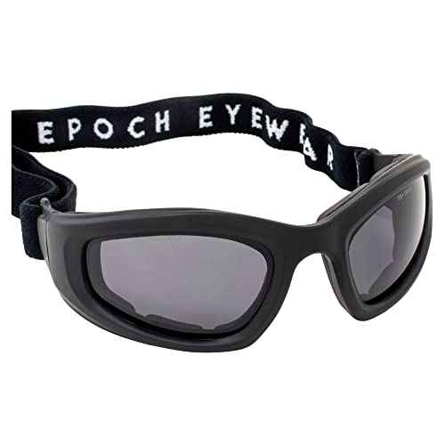 Epoch Eyewear Padded Motorcycle Riding Goggles Black Frame Smoke Lens Adjustable Strap ANSI z87.1 Safety Rated