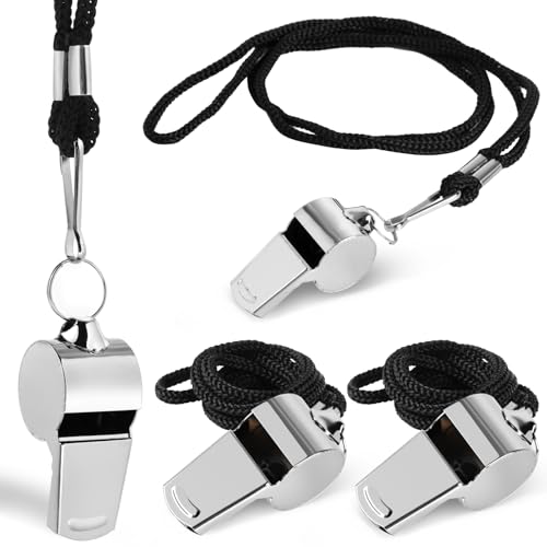 Stainless Steel Coach Whistle with Lanyard - 4 Pack, Loud Referee Whistle