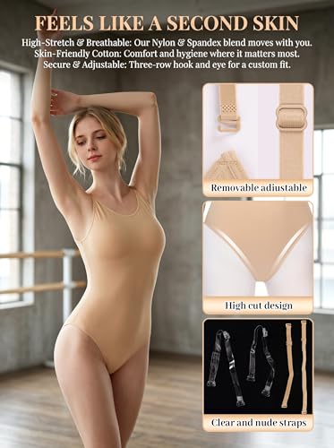 MOLLDAN Women Nude Leotard Camisole Ballet Seamless Dance Undergarment - Small-Medium