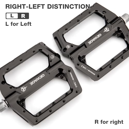 GEWAGE Black 9/16" CNC Aluminum Flat Bike Pedals with Anti-Slip Pins & Sealed Bearings