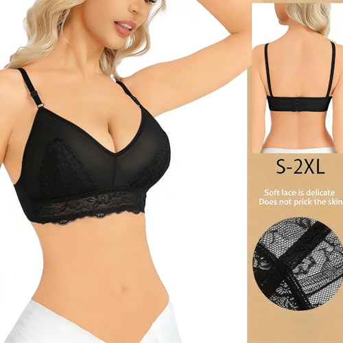 Women's Lace Balconette Bralette - Sheer Mesh, Black, XX-Large