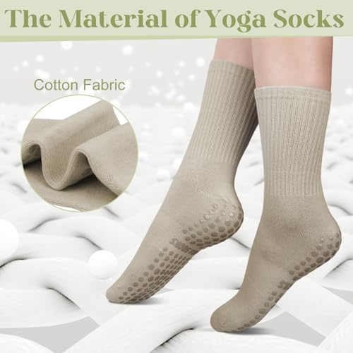 Non-Slip Pilates Socks with Grips for Women - 6 Pairs, Dark Grey+Light Grey+Khaki+White+Pickles Green+Black