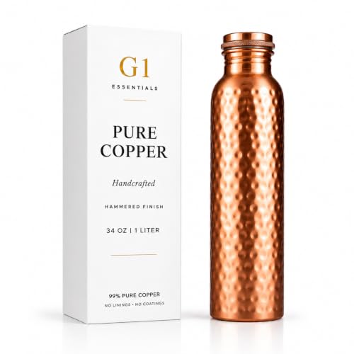 G1 Essentials 34 oz Copper Water Bottle - Handcrafted Leak-Proof Travel Hydration